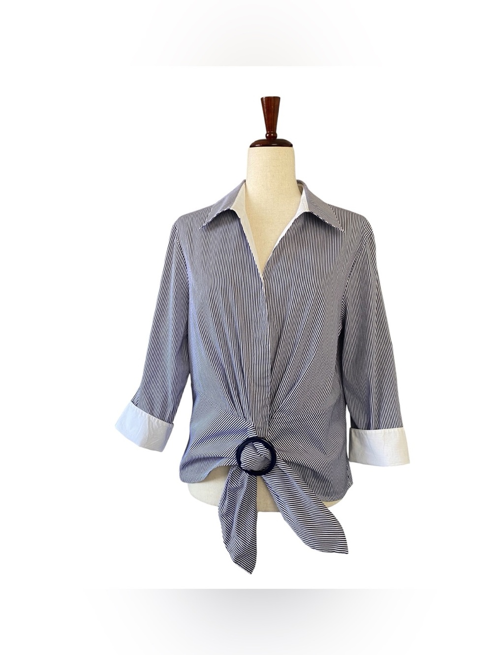 Lafayette 148 New York Striped Tie Front Blouse 14 O-Ring Accent Collared Shirt